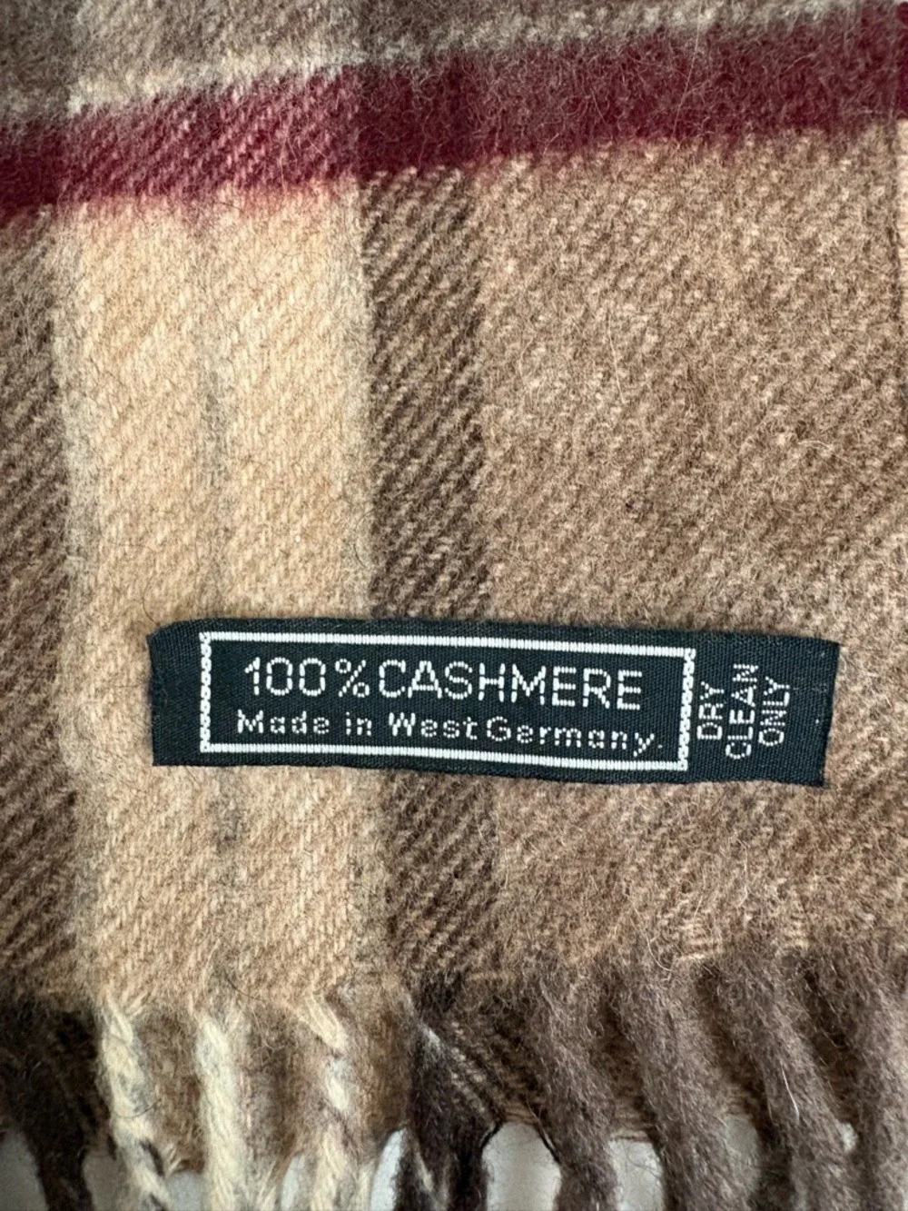100% Cashmere Plaid Scarf in Camel & Burgundy
